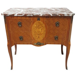 French Marquetry Commode with Marble For Sale