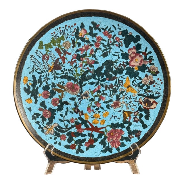 Antique Japanese Cloisonné Turquoise Enamel Plate, Meiji Period (1868-1912) For Sale