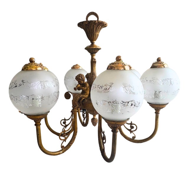 Antique Louis XV French Gilt Bronze Figural Chandelier with 6 Etched Globes, 1890 For Sale