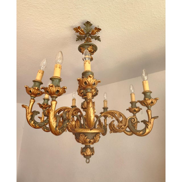 Large Vintage Louis XV Rococo Baroque Florentine Wood Carved Floral Chandelier, 1920s For Sale - Image 9 of 18