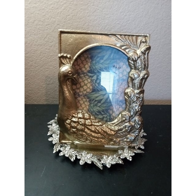 1970s Gorgeous Gold Patina Brass Alexi Peacock Photo Holder Made in Italy. For Sale - Image 5 of 6