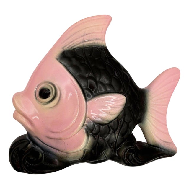 Mid-Century California Pottery Pink & Black Ceramic Angel Fish Pocket Planter For Sale