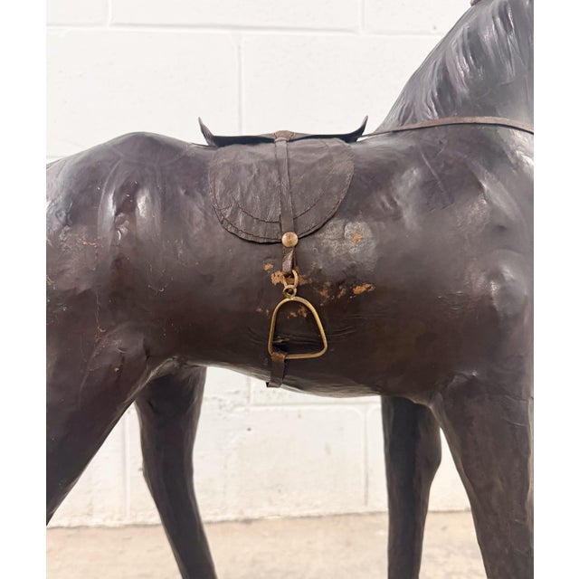 Chocolate Vintage Leather Horse W/Saddle Statue 30” W For Sale - Image 8 of 13