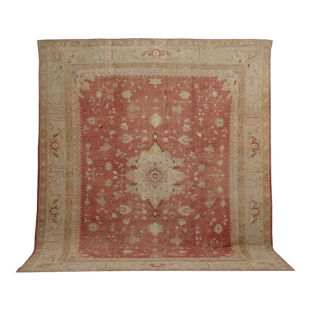 Antique Oushak Carpet, Handmade Turkish Oriental Rug, Beige, Coral, Soft Colors For Sale