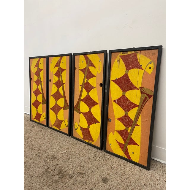 Mid-Century Modern Vintage Mid-Century Modern Geometric Wall Panels, Set of Four, Orange and Yellow Abstract Wall Art For Sale - Image 3 of 10