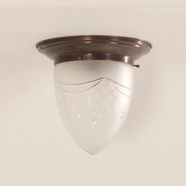 Large Art Deco Ceiling Lamp with Brass Base and Cut Glass, 1930s For Sale - Image 4 of 11