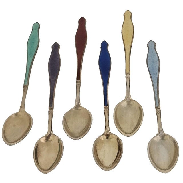 1950s Gustav Hellstrøm Norway Sterling Guilloché Enamel Vermeil Demitasse Spoons, Set of 6 in Original Case For Sale - Image 11 of 11