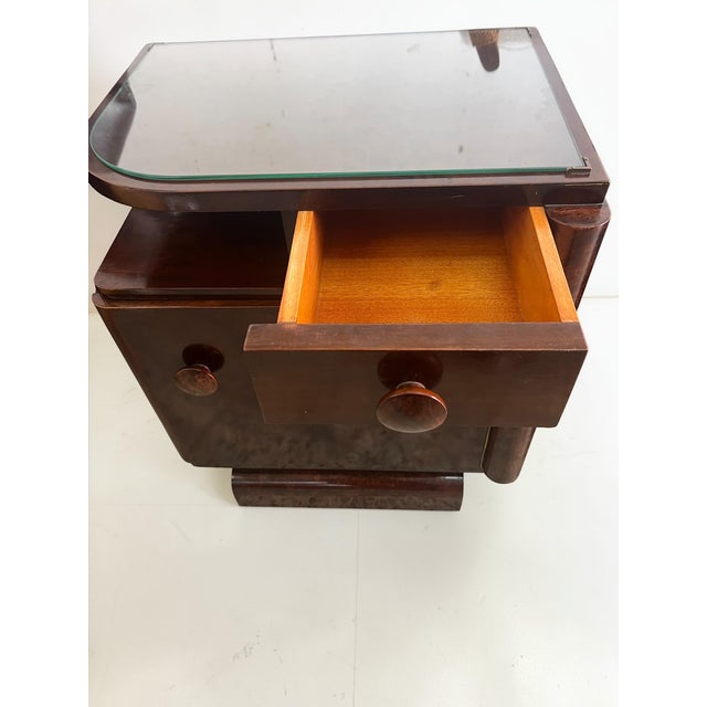 Art Deco Bedside Tables with Burl Walnut Veneer and Glass Tops, Europe, 1950s, Set of 2 For Sale - Image 9 of 13