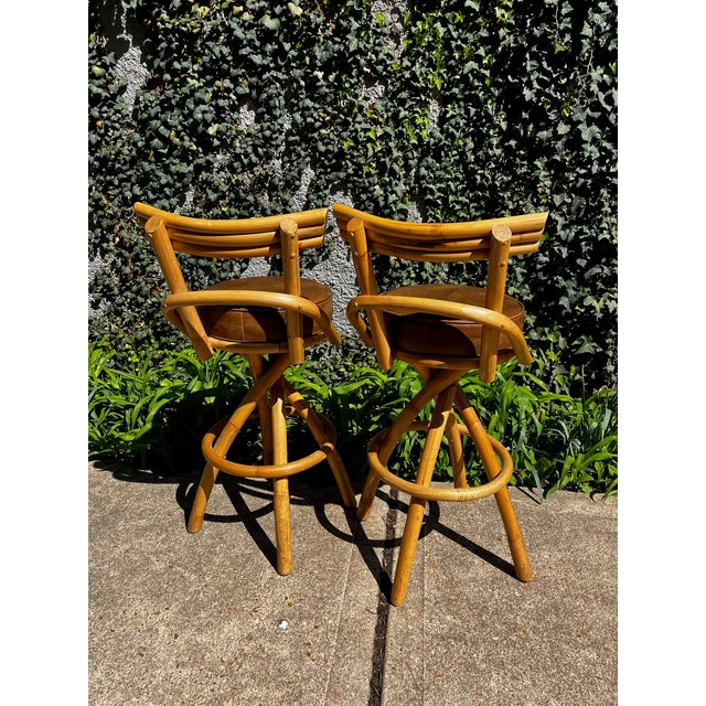 Mid-Century Modern Vintage Paul Frankl Bent Rattan Tiki Swivel Bar Stools- Set of 2 For Sale - Image 3 of 9