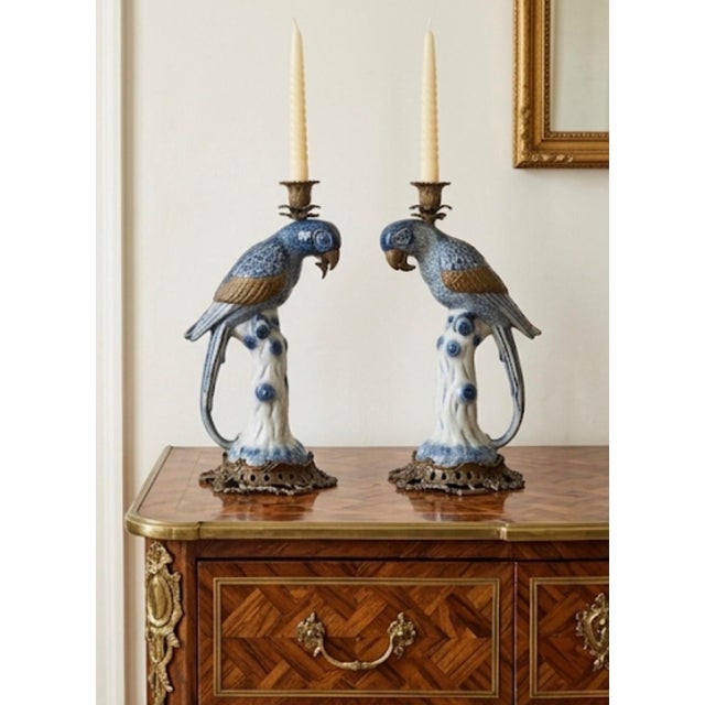 Blue A Pair of Vintage Hollywood Regency Style Blue & White Ceramic Parrot Candle Holders For Sale - Image 8 of 12