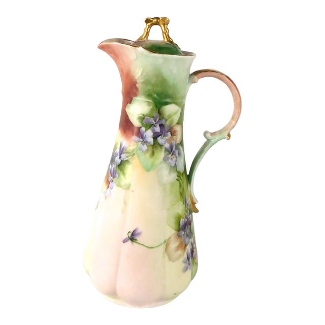 1940s Contemporary Unmarked Tall Slender Green Chocolate Pot With Purple Flowers For Sale