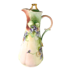 1940s Contemporary Unmarked Tall Slender Green Chocolate Pot With Purple Flowers