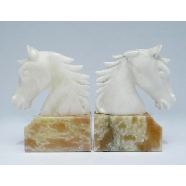 Vintage Mid-Century Modern C.1970's Italian White Carrera & Crema Marfa Marble Horse Head Bookends - a Pair For Sale - Image 4 of 13