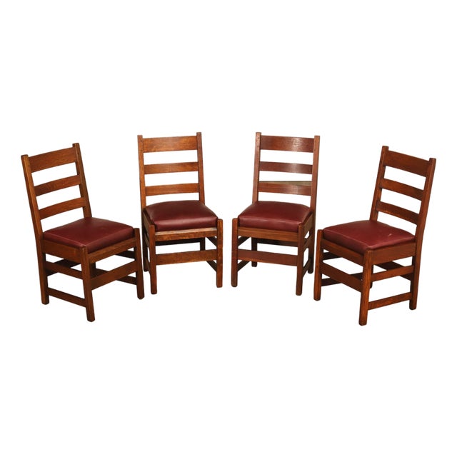 Antique L. & J. G. Stickley Set Of Four Oak Ladder Back Dining Chairs #800 For Sale