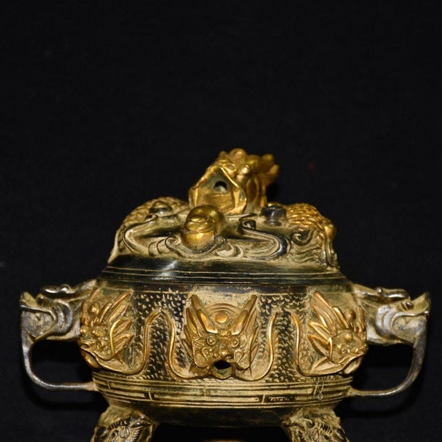 Metal Ornate Bronze Dragon Censer - Chinese Style Incense Burner With Foo Dog Lid For Sale - Image 7 of 8
