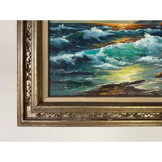 Wood 1970’s Vintage S. Sherman Impressionist Sunset Ocean Landscape Oil on Canvas Painting For Sale - Image 7 of 10