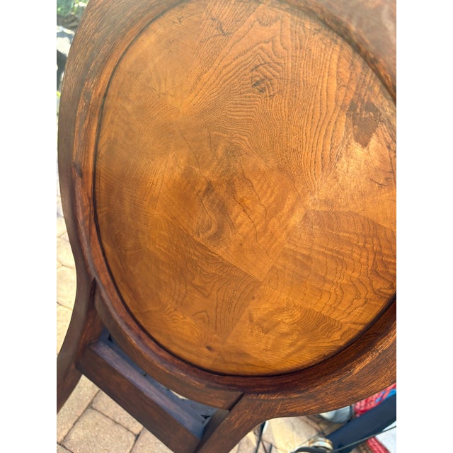 Late 20th Century French Oval Medallion Back Dining Chairs Dark Walnut Distressed Finish Neutral Upholstery - Set of Six 6 For Sale - Image 9 of 9