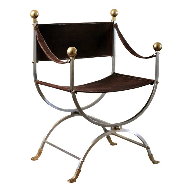 Hollywood Regency Steel, Brass and Leather Savonarola Chair in the style of Maison Jansen, 1960s For Sale