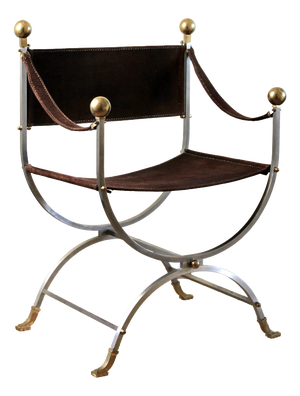 Hollywood Regency Steel, Brass and Leather Savonarola Chair in the style of Maison Jansen, 1960s