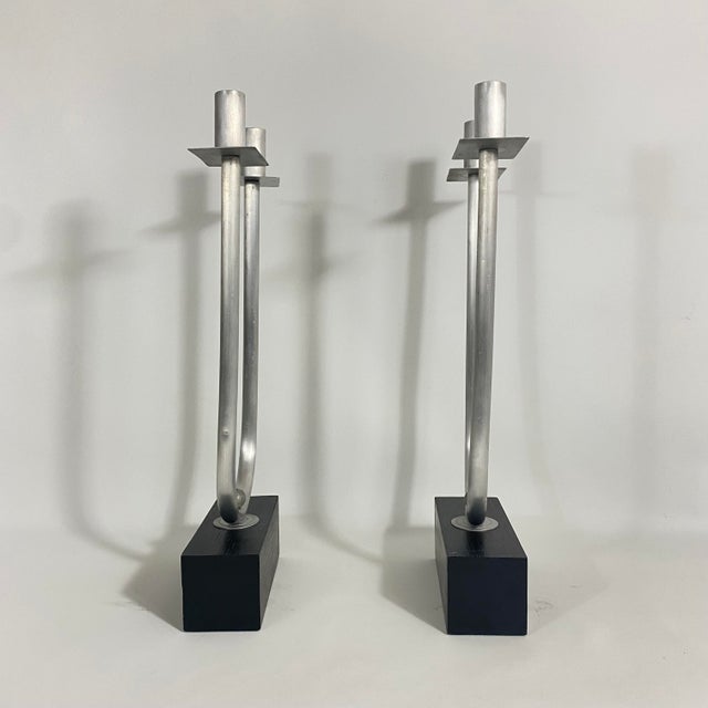 Modern Vintage Modernist Steel Candelabra Holder Pair on an Ebonized Wood Bases For Sale - Image 3 of 13