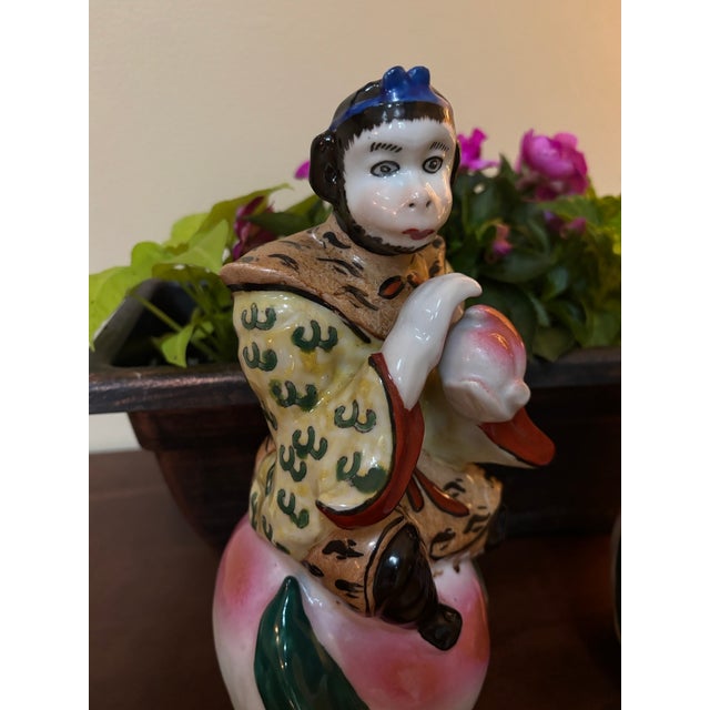 Mid-20th Century Chinoiserie Porcelain Monkey & Longevity Peach Figurines - Pair For Sale - Image 12 of 13