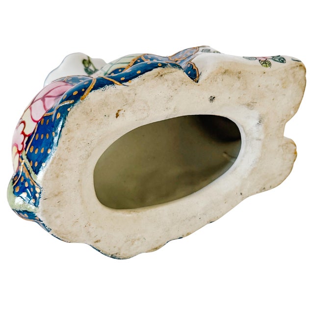 Blue Vintage Hand-Painted Chinoiserie Tobacco Leaf Porcelain Rabbit Candlestick For Sale - Image 8 of 10