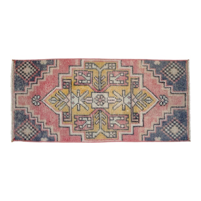 1970s Hand Knotted Small Turkish Rug Entryway Mat Bath Rug Kitchen Rug - 19'' X 41'' For Sale