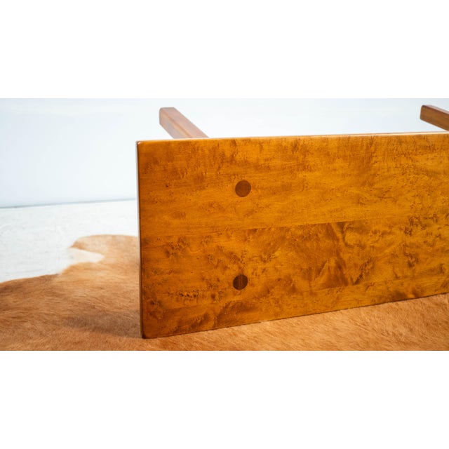 Vintage American studio craft solid bird's-eye maple utility bench, circa 1950s. Restored, highlighting the figured grain...