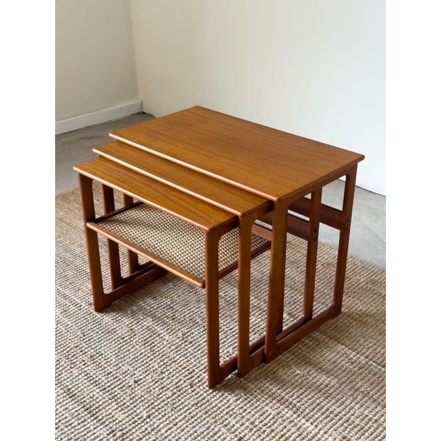 Teak Nest of Tables with Rattan Shelf by Johannes Andersen for Silkeborg, 1960s, Set of 3 For Sale - Image 10 of 17