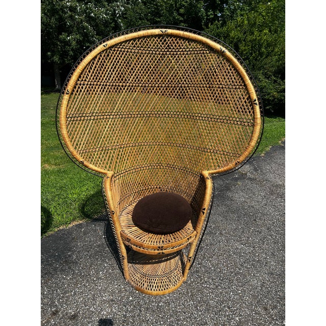 This Pair of Vintage 1970s Boho Wicker and Rattan Peacock Chairs Features High, Dramatic Fan Backs and Hourglass Pedestal Bases. For Sale - Image 12 of 12
