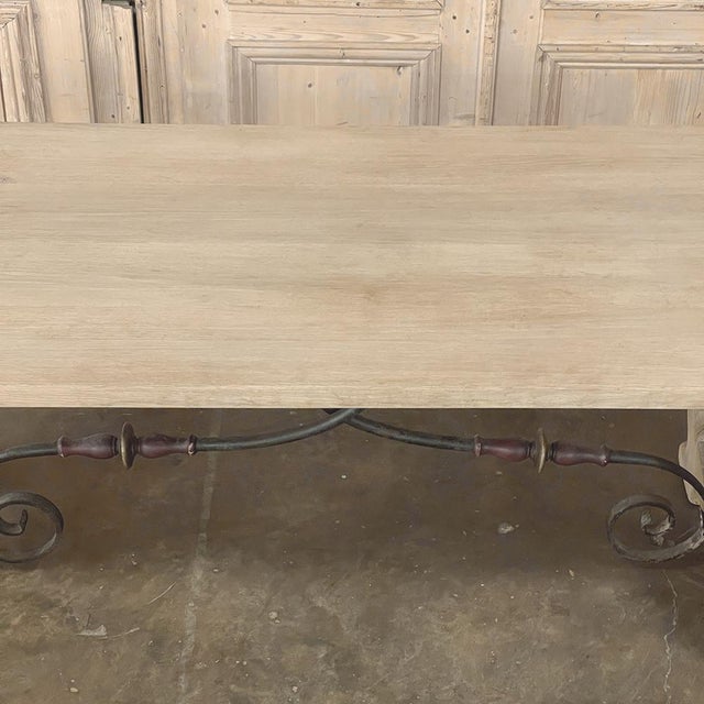 Vintage Spanish Dining Table With Wrought Iron in Solid Stripped Oak For Sale - Image 9 of 18