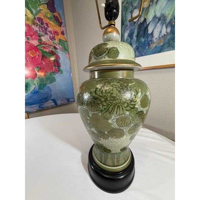 Japanese Vintage Japanese Fujita Kutani Celadon Ginger Jar Lamp Chrysanthemum For Sale - Image 3 of 12