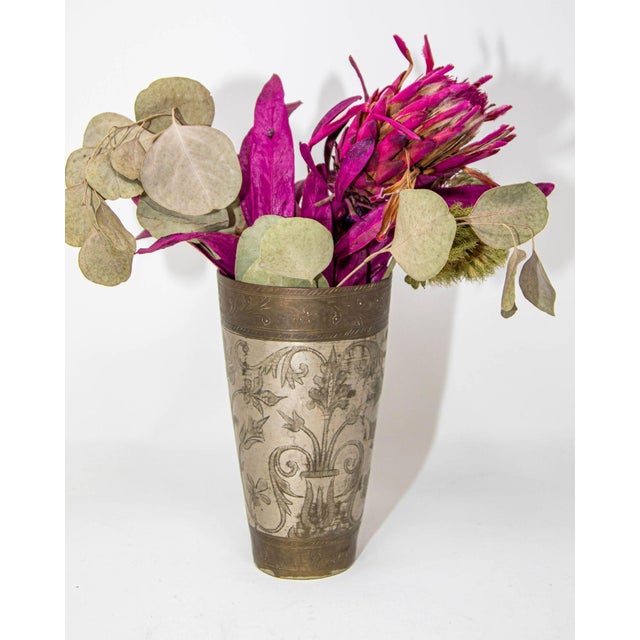 Antique Engraved Metal Silvered Beaker or Vase From India 1940s For Sale - Image 11 of 11