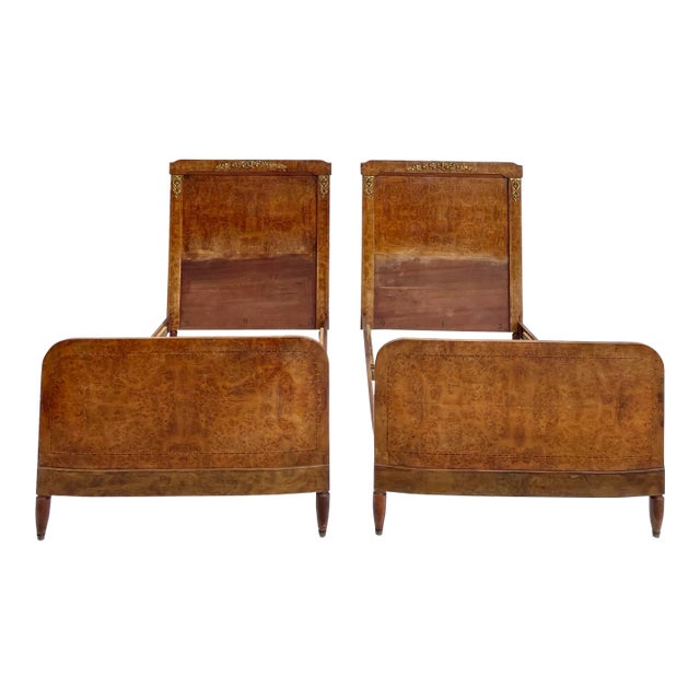 Pair of French Burl-Wood XL Twin Bedframes With Inlay and Bronze Details For Sale