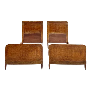 Pair of French Burl-Wood XL Twin Bedframes With Inlay and Bronze Details