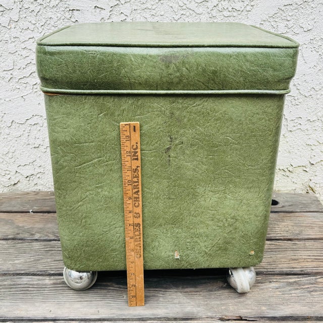 1950s Mid Century Modern Green Vinyl Storage Ottoman Hassock With Casters For Sale - Image 17 of 18