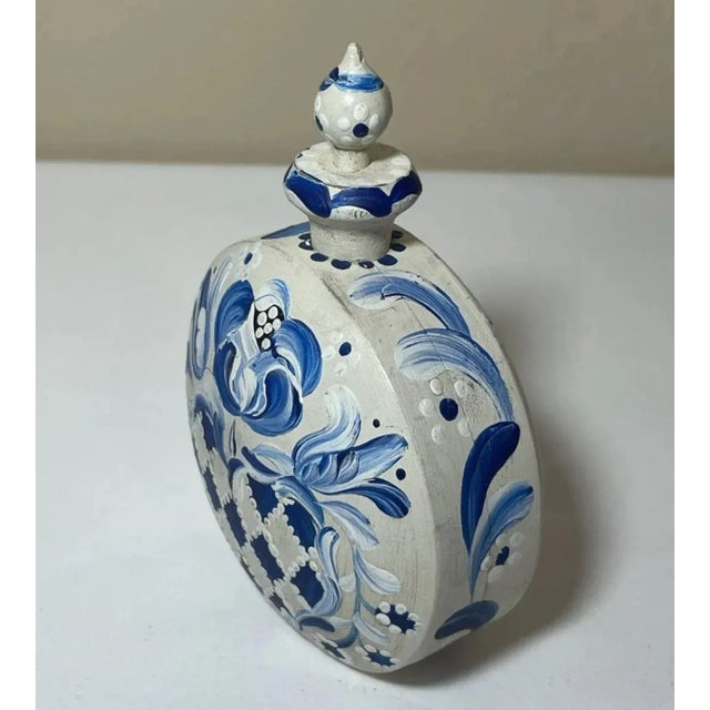 Wood Late 19th Century European Folk Art Delft Style Blue White Floral Painted Wood Perfume Flask Bottle For Sale - Image 7 of 10