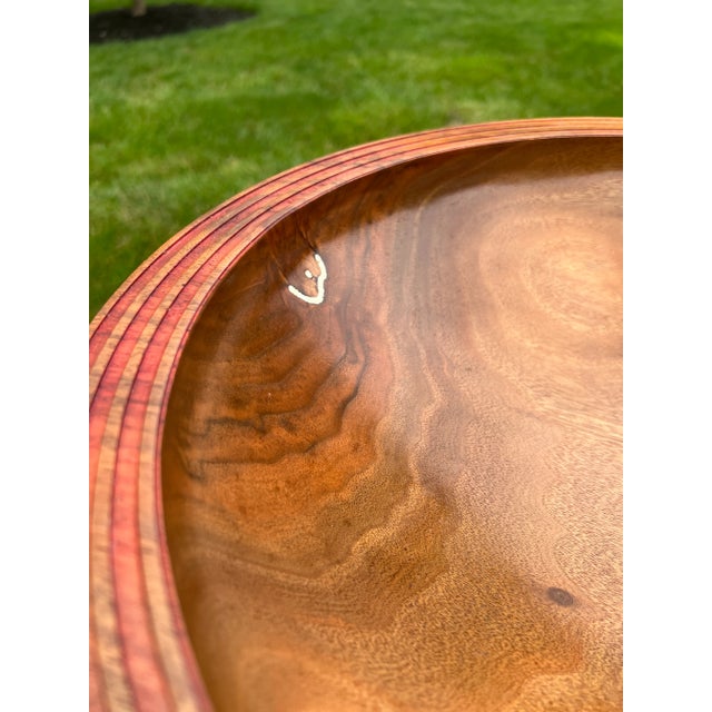 Late 20th Century Large Modernist Artisan Made Inlaid Walnut Centerpiece Bowl on Stand - Signed For Sale - Image 5 of 11