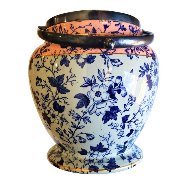 Victorian Antique English Flow Blue Jar | Vintage Biscuit Barrel Vase With Peach & Gilt For Sale - Image 3 of 10