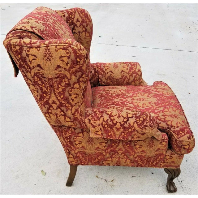 Vintage Chippendale Wingback Damask Armchair For Sale - Image 4 of 8