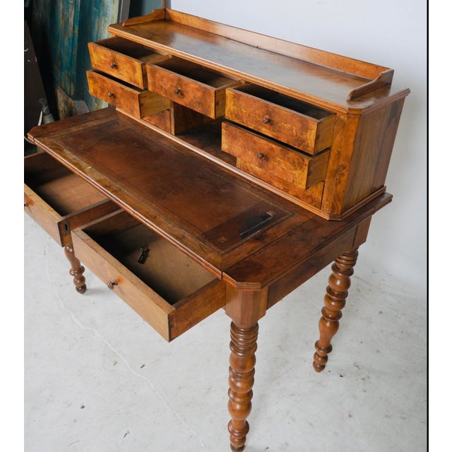 Antique French Burl Walnut Writing Desk With Drawer Gallery & Turned Legs Beautifully figured burl walnut and sculptural...