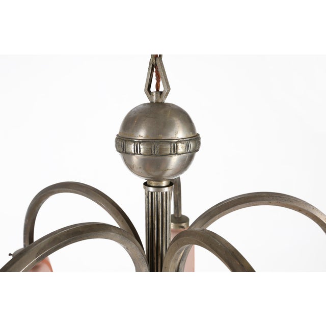 Art Deco Chandelier with Etched Pink Glass Shades, 1930s For Sale - Image 6 of 10