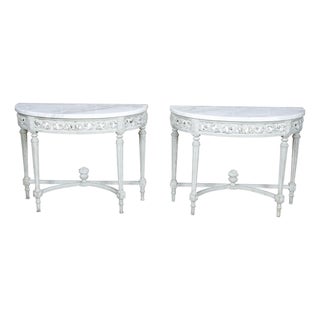 Pair of French Louis XVI Style Painted Demilune Console Tables with Marble Tops For Sale