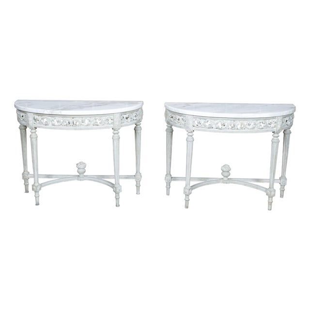 Pair of French Louis XVI Style Painted Demilune Console Tables with Marble Tops For Sale