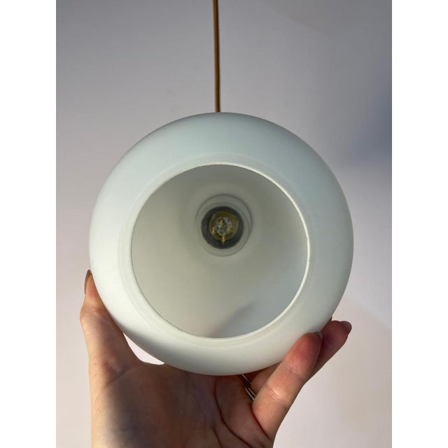 Metal Opal Glass Pendant Lamp with Teak and Brass Cable, Denmark For Sale - Image 7 of 11