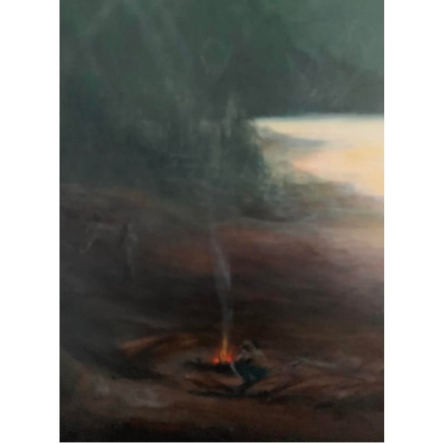A very dreamy landscape with a smoldering fire and a pair of canoes. 24ʺW X 32ʺH