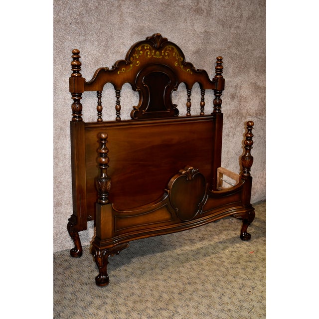 Vintage Jacobean Carved Twin Size Bed W/Painted Design 2 Pieces