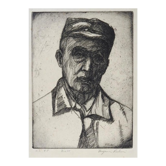 Vintage Mid 20th Century Portrait Etching of Working Man For Sale