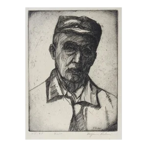Vintage Mid 20th Century Portrait Etching of Working Man