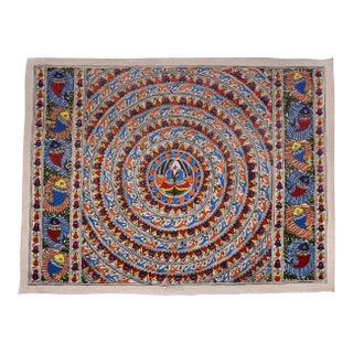 Original Hand-Painted Madhubani Folk Art by National Award Winner Mamta Devi – Birds & Fish on Canvas For Sale